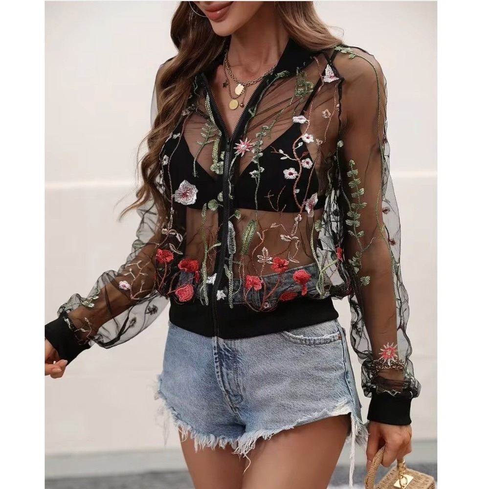 Womens Boho Whimsygoth Sheer Mesh Floral Embroidered Bomber Jacket Size L Black